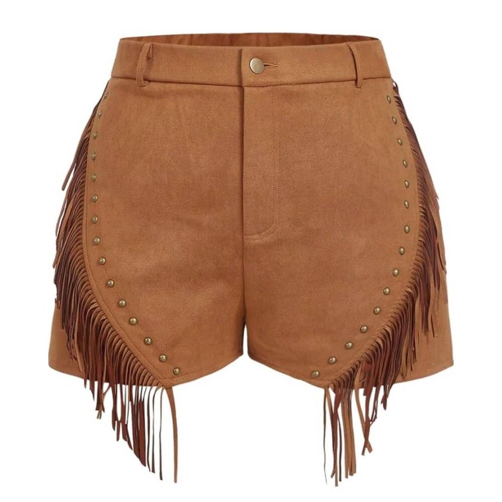 Faux Suede Fringe Tassel Shorts 3X Western Boho Studded Festival Buckskin NWT